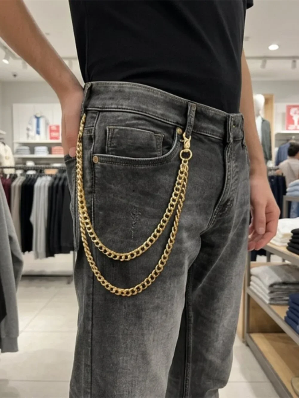 NEW Men Wallet Jeans Chain KeyChain Strong Gold Metal Links Biker 2 Strands